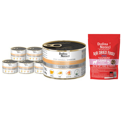 Mokra karma dla psów małych ras Dolina Noteci Premium z bażantem, dynią i makaronem zestaw 12 x 185 g + gratis Superfood mini karma suszona jagnięcina z krewetką 150 g
