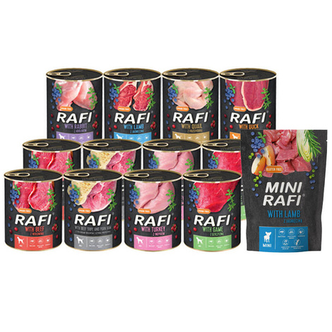 Mokra karma dla psa Rafi mix 24 x 800 g + Sucha karma dla psa Mini Rafi z jagnięciną 150 g gratis