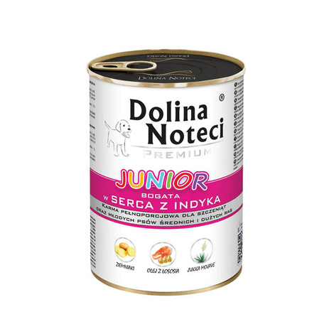 Mokra karma dla psa junior Dolina Noteci Premium bogata w serca z indyka 400 g