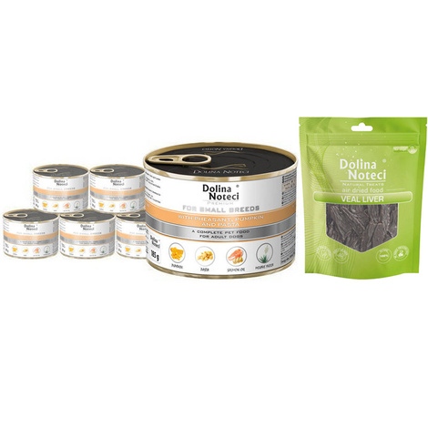 Mokra karma dla psów małych ras Dolina Noteci Premium z bażantem, dynią i makaronem zestaw 12 x 185 g + gratis Natural Treats Veal Liver wątroba cielęca 150 g