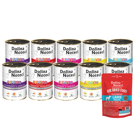 Mokra karma dla psa Dolina Noteci Premium junior mix 10 x 400 g +  karma suszona Junior dla psa danie z jagnięciny 150 g gratis 
