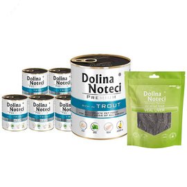 Mokra karma dla psa Dolina Noteci Premium bogata w pstrąga zestaw 6 x 800 g + gratis Natural Treats Veal Liver wątroba cielęca 150 g