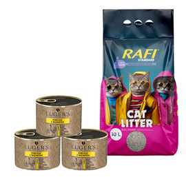 Karma mokra dla kotów Luger’s kurczak z bażantem 3 x 185 g + Rafi Zbrylający żwirek o zapachu lawendy Standard 10 l