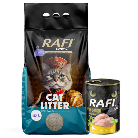 Rafi Zbrylający żwirek dla kota o zapachu lawendy Compact 10 l + gratis Rafi Cat Adult z kurczakiem 400 g