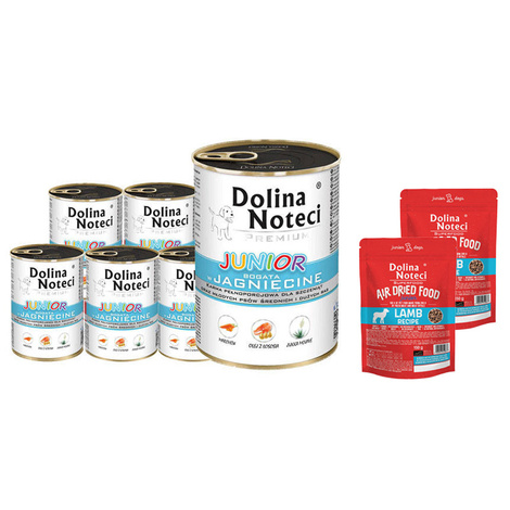 Mokra karma dla psa junior Dolina Noteci Premium bogata w jagnięcinę zestaw 12 x 400 g + Superfood danie z jagnięciny Junior 2 x 150 g gratis
