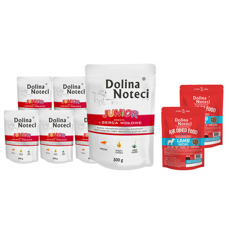 Mokra karma dla psa junior Dolina Noteci Premium bogata w serca wołowe zestaw 10 x 300 g + Superfood danie z jagnięciny Junior 2 x 150 g gratis
