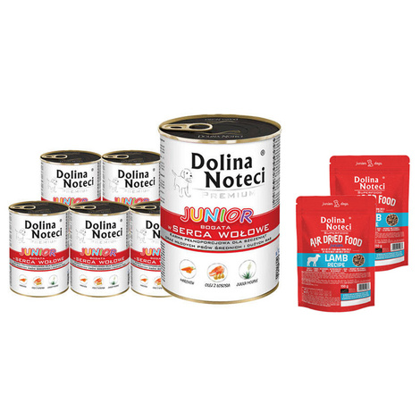 Mokra karma dla psa junior Dolina Noteci Premium bogata w serca wołowe zestaw 12 x 400 g + Superfood danie z jagnięciny Junior 2 x 150 g gratis