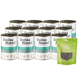 Mokra karma dla psa Dolina Noteci Premium bogata w perliczkę z jabłkiem zestaw 12 x 400 g + gratis Natural Treats Veal Liver wątroba cielęca 150 g