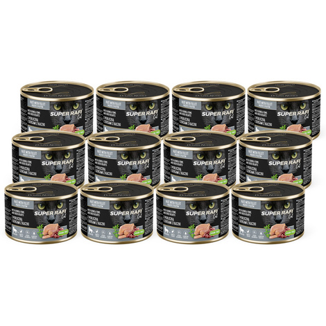 Karma mokra dla kotów sterylizowanych Super Rafi Cat z perliczką i sercami z kaczki zestaw 12 x 185 g
