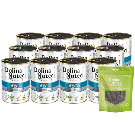 Mokra karma dla psa Dolina Noteci Premium bogata w pstrąga zestaw 12 x 400 g + gratis Natural Treats Veal Liver wątroba cielęca 150 g