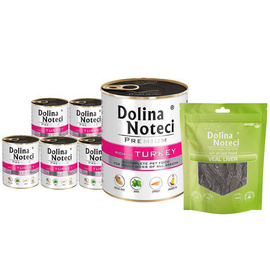 Mokra karma dla psa Dolina Noteci Premium bogata w indyka zestaw 6 x 800 g + gratis Natural Treats Veal Liver wątroba cielęca 150 g