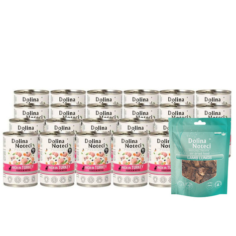 Mokra karma dla psa Dolina Noteci Premium bogata w indyka zestaw 24 x 400 g EDYCJA LIMITOWANA + Natural Treats płuca jagnięce 100 g gratis
