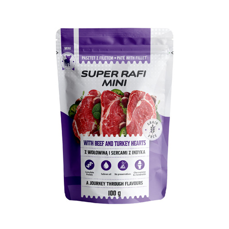 Super Rafi Mini Mokra karma dla psów małych ras z wołowiną i sercami z indyka 100 g