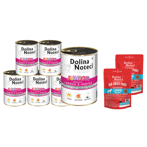 Mokra karma dla psa junior Dolina Noteci Premium bogata w serca z indyka zestaw 12 x 400 g + Superfood danie z jagnięciny Junior 2 x 150 g gratis