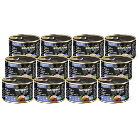 Karma mokra dla kotów Super Rafi Cat z przepiórką i wątróbką z królika zestaw 12 x 185 g